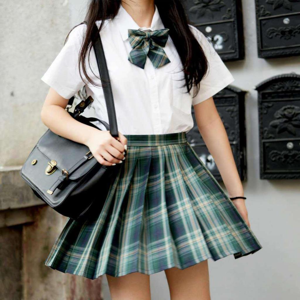 Authentic Japanese JK Plaid Mid-Length Student Uniform Set with Pleated Sailor Skirt