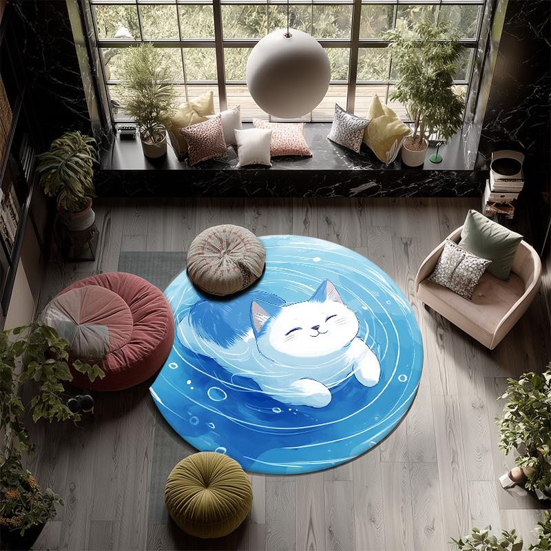 Water Ripple Cat,Round Area Rug,Carpet Rug for Living Room Bedroom Sofa Playroom Decor,Non-slip Floor Mat