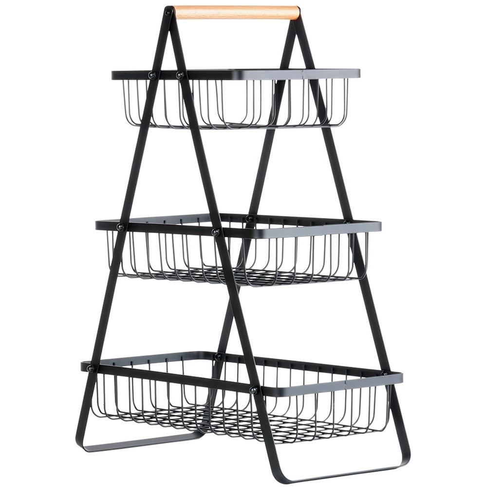 Three-tier basket for fruits and vegetables, black metal platter