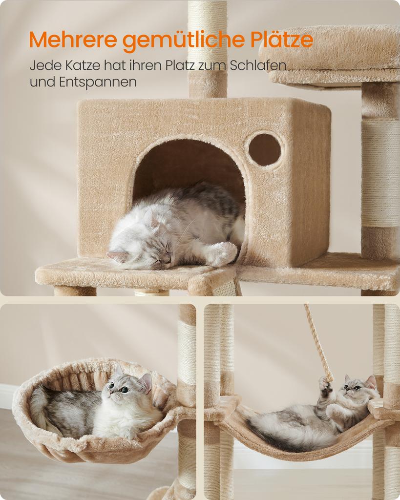 Feandrea Cat Tree, 206 cm Large Cat Tower Condo with 13 Scratching Posts, 1 Scratching Ramp, 2 Perches, 2 Caves, Basket, Hammock, Pompoms, Camel Brown