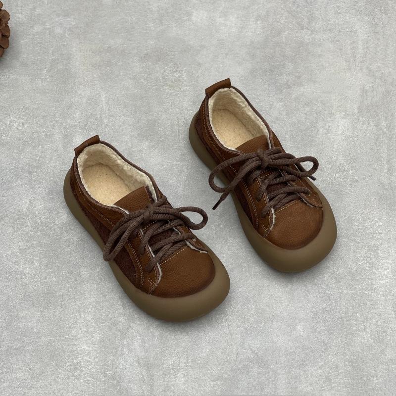 Johnature Retro Flats Genuine Leather Plush Warm Cotton Shoes Cow Leather Thick Soled Women's Shoes