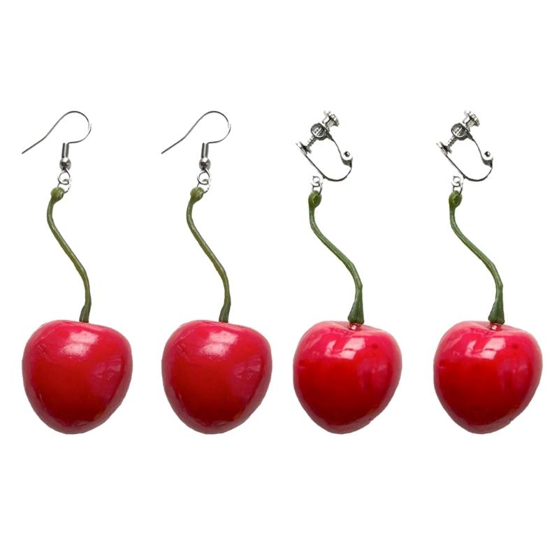3D Red Cherry Fruit Drop Dangle Earrings Plastic Fruit Sweet Funny Ear Clips for Women Girls Tassels Aesthetic Jewelry