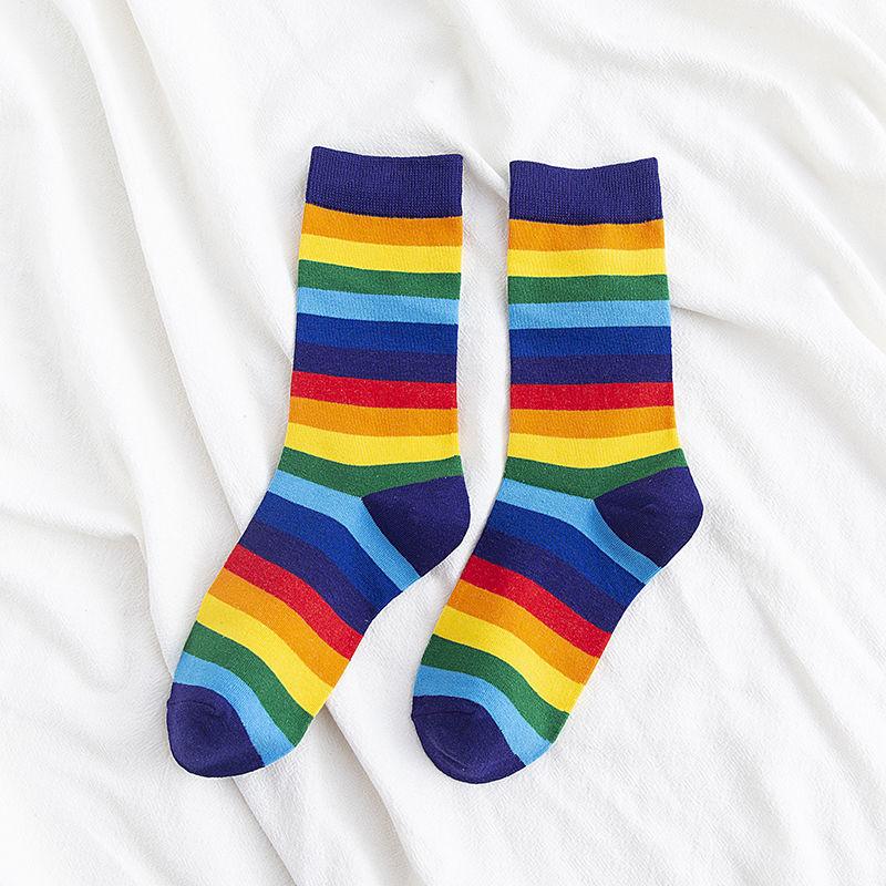 Female Spring and Autumn All Match Rainbow Stripe Student Tube Socks