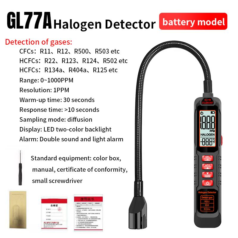 Refrigerant Gas Leak Detector ZL77  0-1000PPM Air Conditioning HVAC Refrigerant Leak Detector CFC HFC HCFC HC HFO Gas Tester GL77A Battery