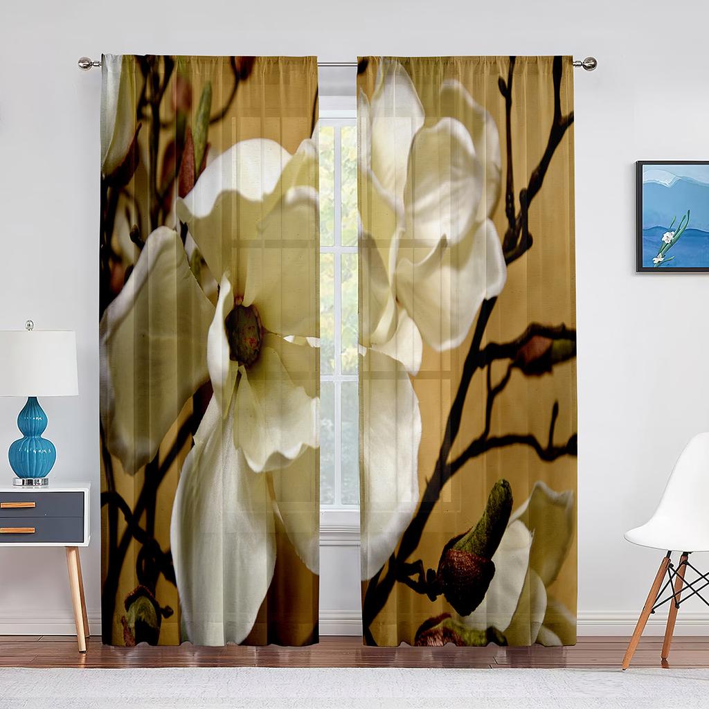 Weißer transparenter Vorhang mit Magnolienblumenmuster für Wohnzimmer, Küche, Fenster, Schlafzimmer, Dekoration, Blumen-Voile, zum Aufhängen, eleganter Tüllvorhang