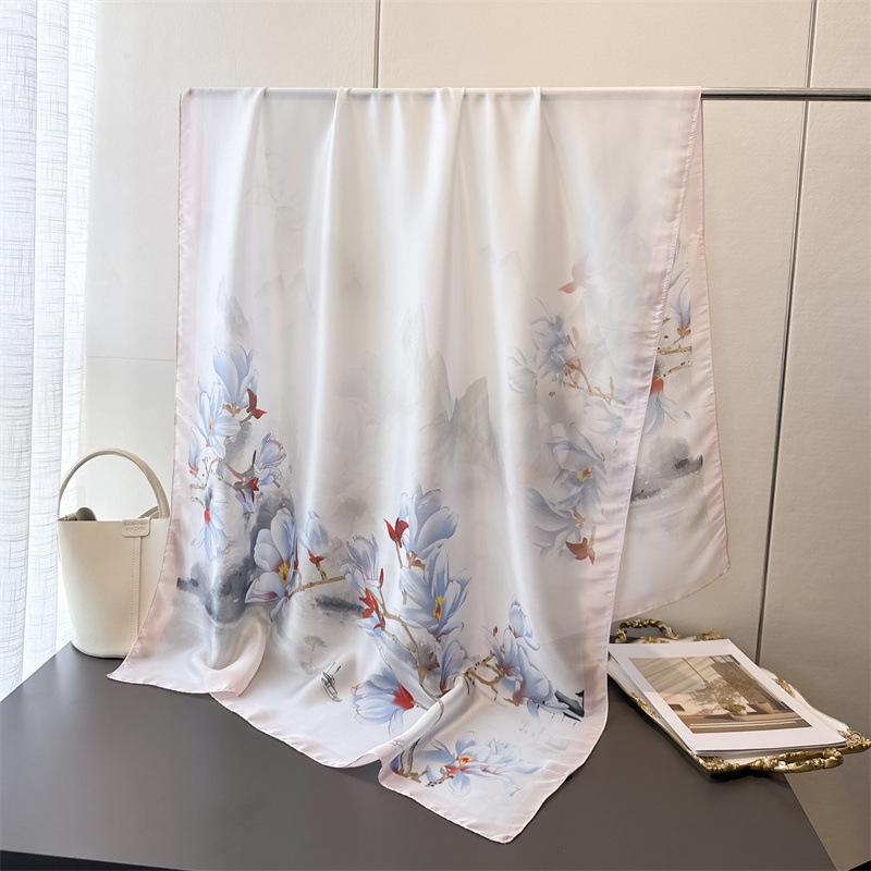 

Ink Magnolia Simulation Silk New Silk Satin Fashion Sunscreen Spring And Summer Style Silk Scarf Long Scarf Shawl Versatile Headscarf Scarf 180*85cm