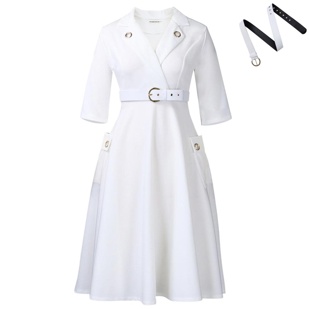 Women's Light Blue Shirt Collar Button Front A Line Midi Dress with Belt