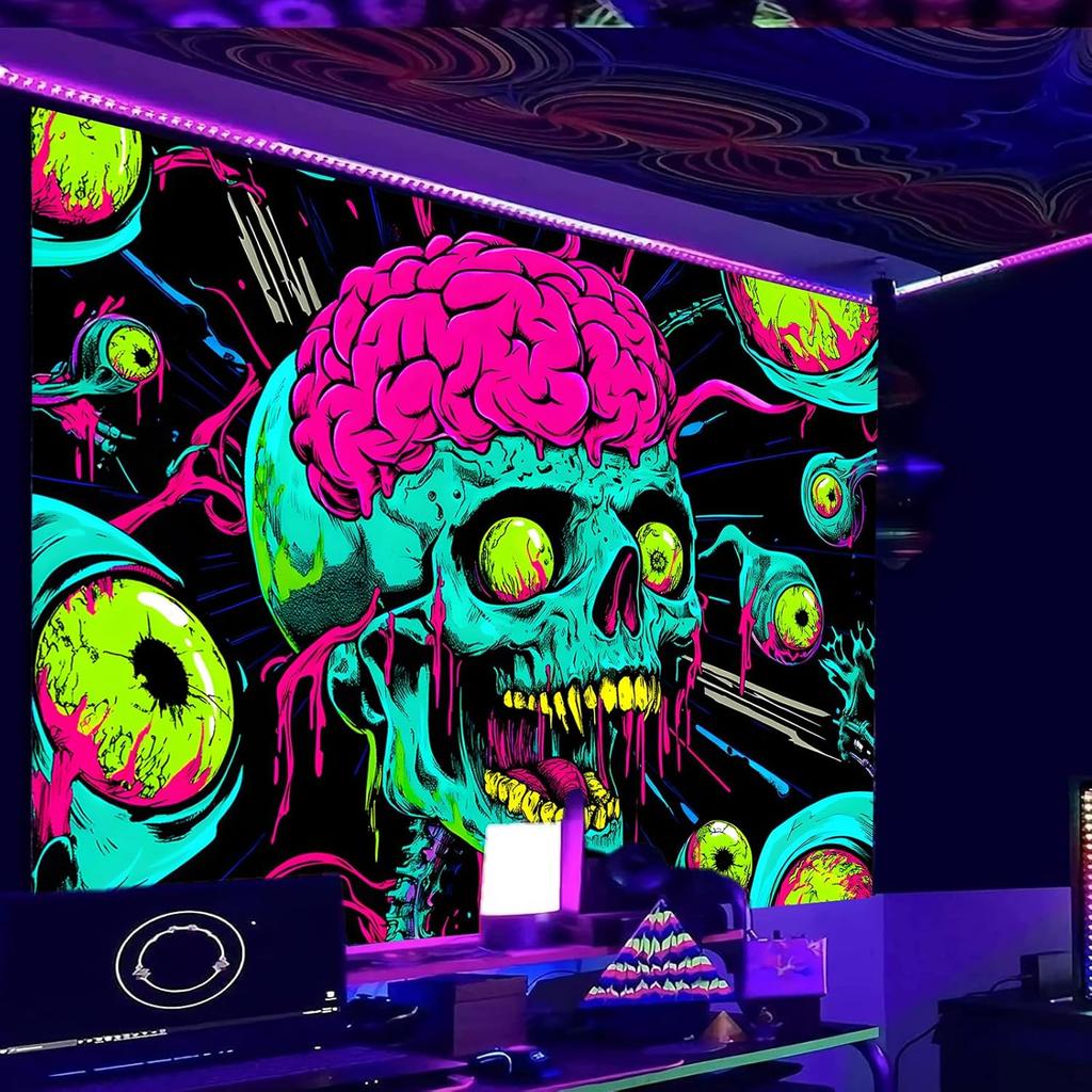 Nuxovilar UV Reactive Tapestry Skeleton Halloween Dinner Scene BlackLight Tapestries Cool UV Black Light Spooky Party Tapestry L