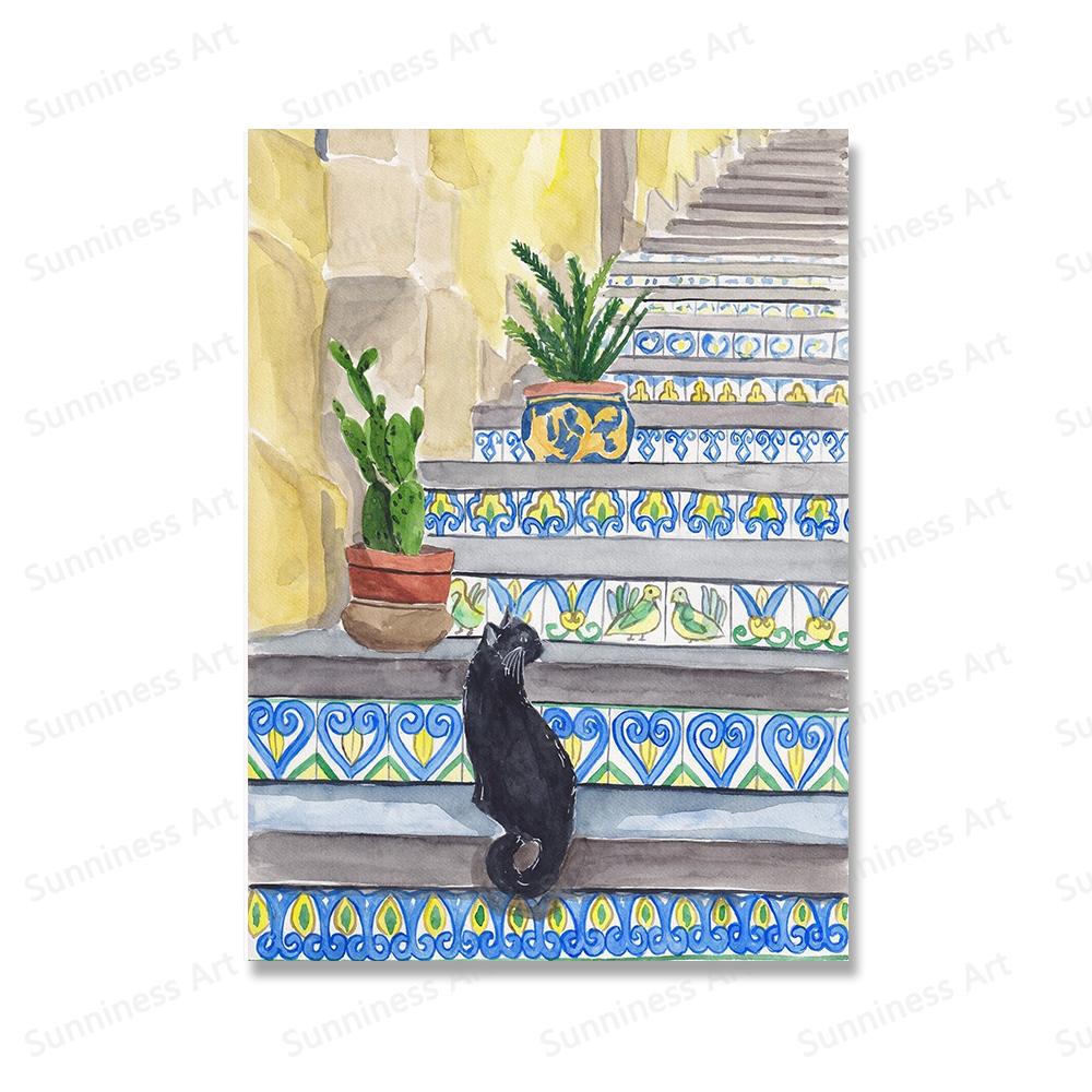 Sicília Degraus Gato Vintage Pintura em Tela Impressão Viagem Tradicional Portugal Poster Mercado de Frutas Limão Imagens Decoração Casa Quarto