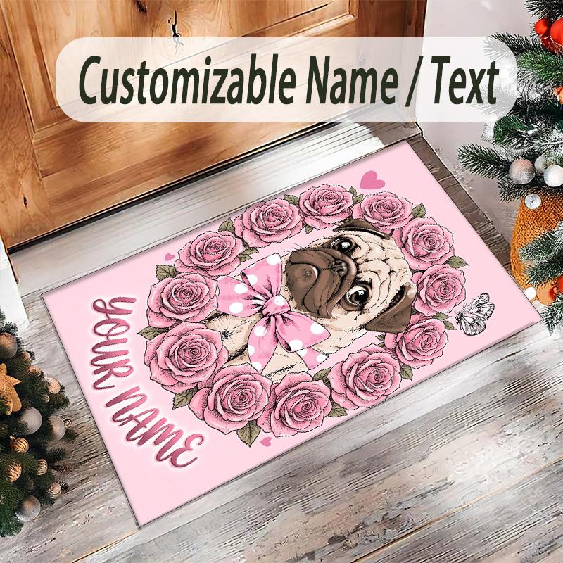 Pug Theme Crystal Velvet Floor Rug Personalized Custom Name Text Warm Carpet Home Decoration