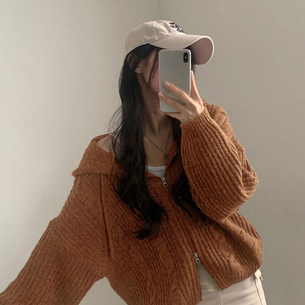 Autumn and Winter Korean Version Lazy Style Loose Fried Dough Twists Double Zip Hooded Long Sleeve Knitting Sweater Cardigan Coat Women