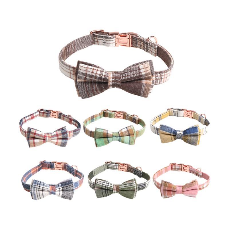 New Pet Dog Collar British Plaid Retro Rose Gold Bow Full Metal Collar  Dog Accessories Chihuahua Dog Y Harness
