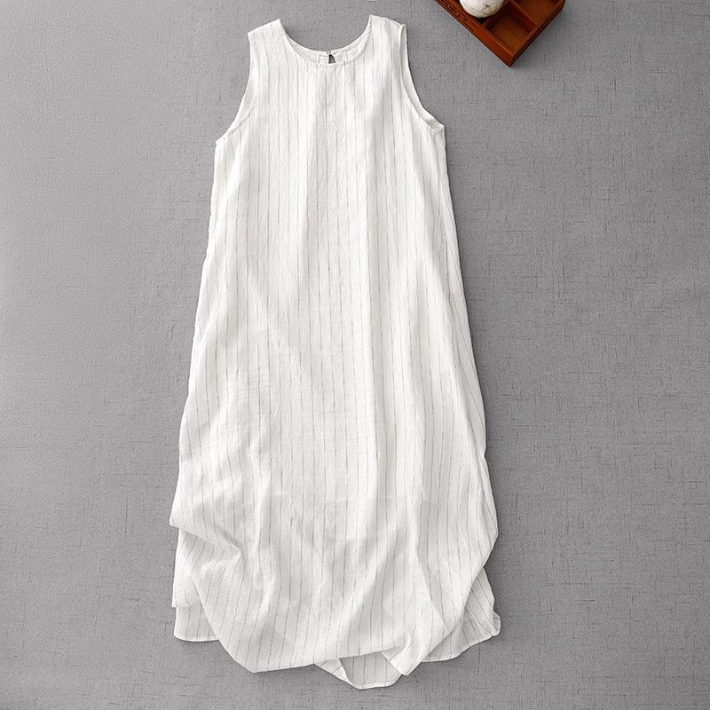 

Платье-жилет в полоску из хлопка и льна с вырезом на спине, женское, лето 2025, новый, круглый вырез, без рукавов, светлый цвет, средней длины 2XL