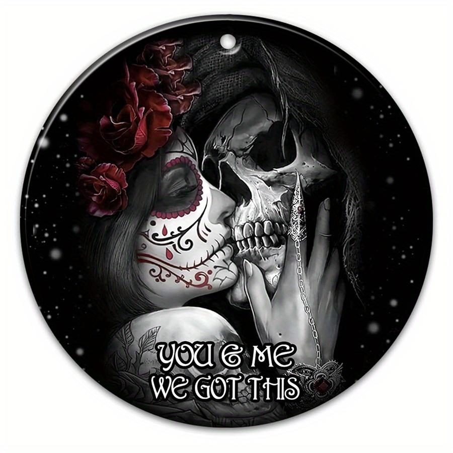 1pc 2d Flat Skull Couple Love Christmas Ornament Tree Decor Wooden Sign - 20cm Gifts for Couple, Gifts for Her, Gifts for Him, Rear View Mirror Car