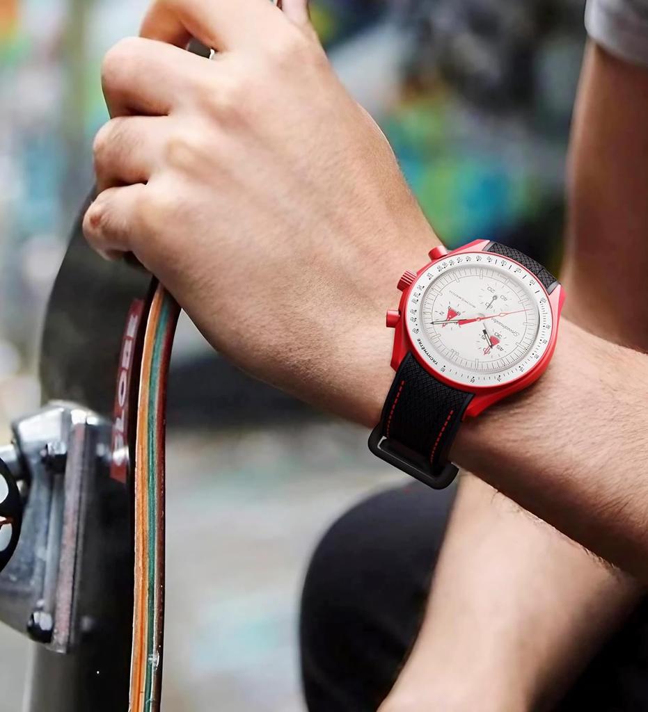 Jumpsunfun 20mm Watch Band for Omega and Silicone Strap with Quick Release Replacement Black with Red Stitching X, Swatch, Speedmaster, MoonSwatch,