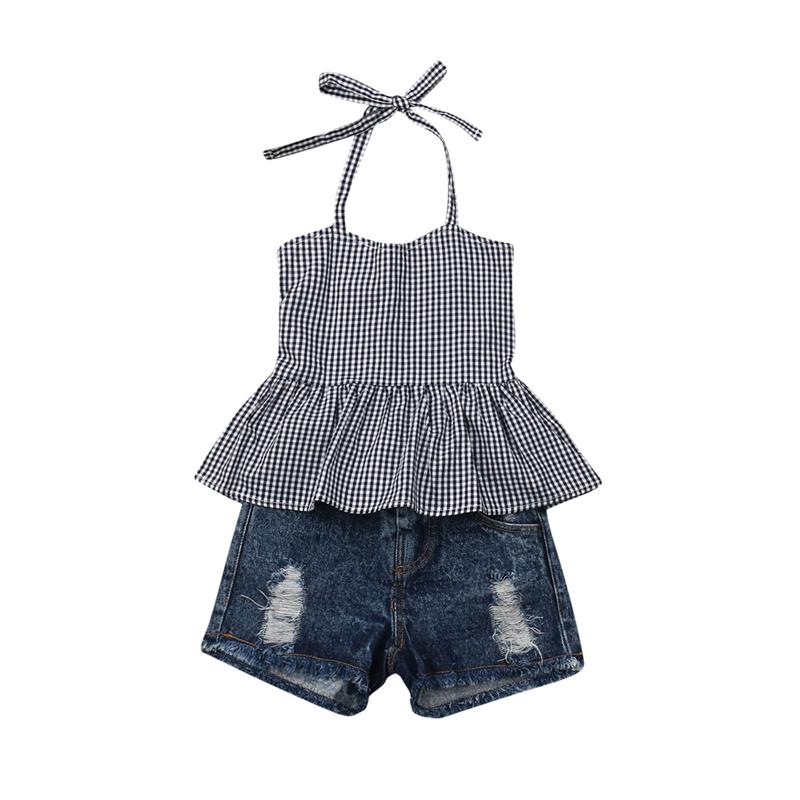 Buy Newborn Kid Baby Girls Clothes Plaids Sleeveless Tops Denim Pants