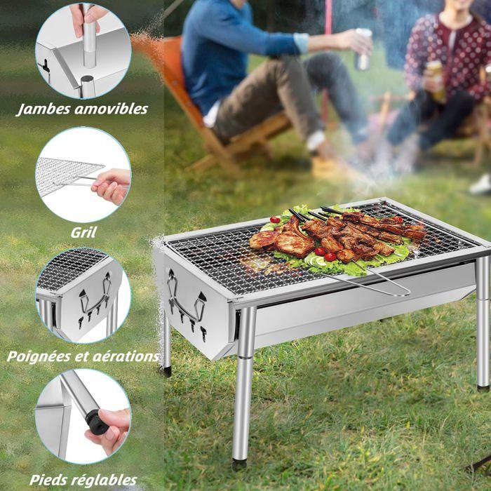 SunJas Barbecue Charbon De Bois INOX Ajustable Barbecue Demontable En Acier Portable BBQ Exterieur Grille Sur Pied Pour Jardin Pique