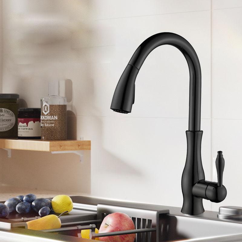 

Creative pull-out faucet, all copper European style faucet, kitchen sink, vegetable washing basin, hot and cold water head G1/2 чорний