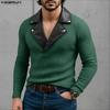 INCERUN Men V Neck PU Patchwork Long Sleeve Rib Stretch Pullovers Tops Undershirts