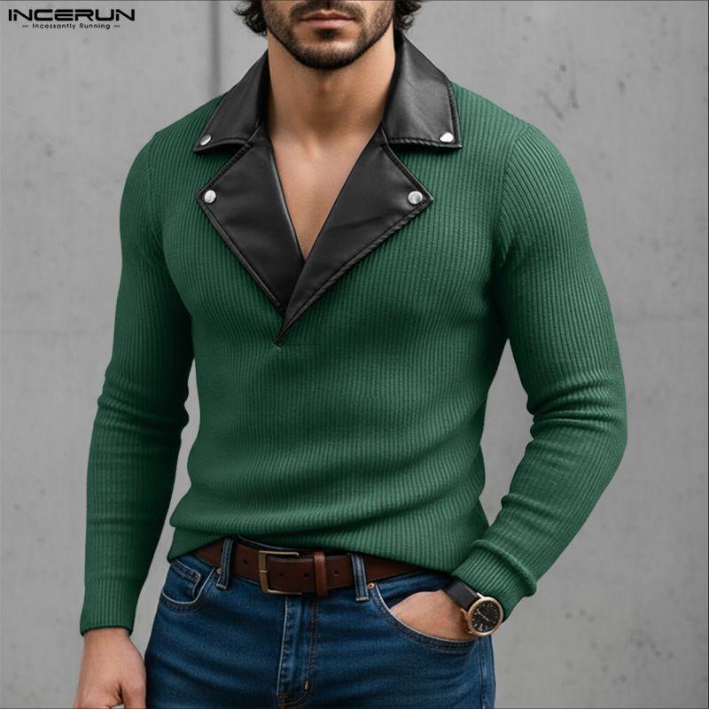 INCERUN Men V Neck PU Patchwork Long Sleeve Rib Stretch Pullovers Tops Undershirts