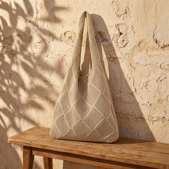 Women Crochet Shoulder Bag Lightweight Solid Color Mesh Handbag Fashionable Beach Bag Daily Commuting