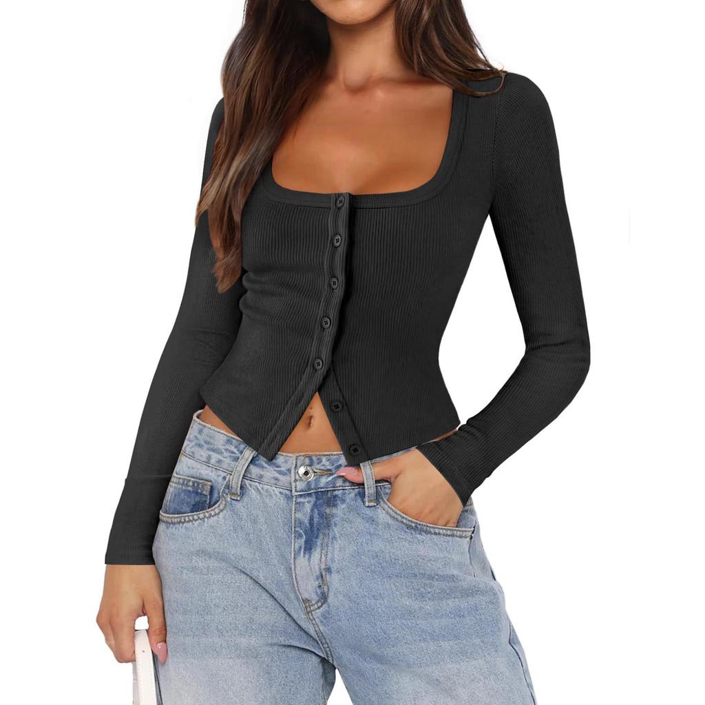 Women's Fashionable Color Square Neck Knitted Thread Single Button Slim Fit Long Sleeved Top