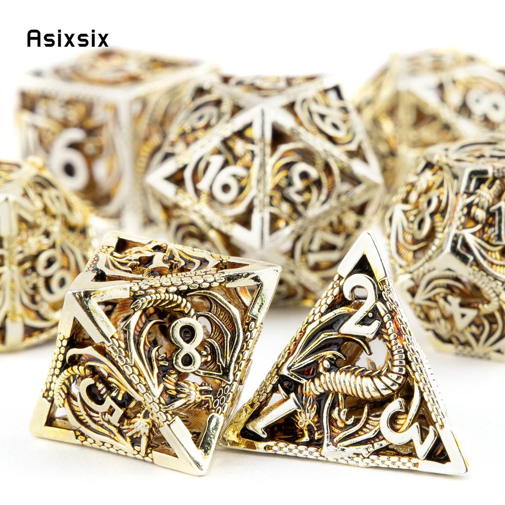 7-teiliges hellgoldenes Drache-Metallwürfel-Drachen-Hohlmetall-Polyeder-Würfelset, geeignet für Rollenspiele, RPG-Brettspiele, Kartenspiele
