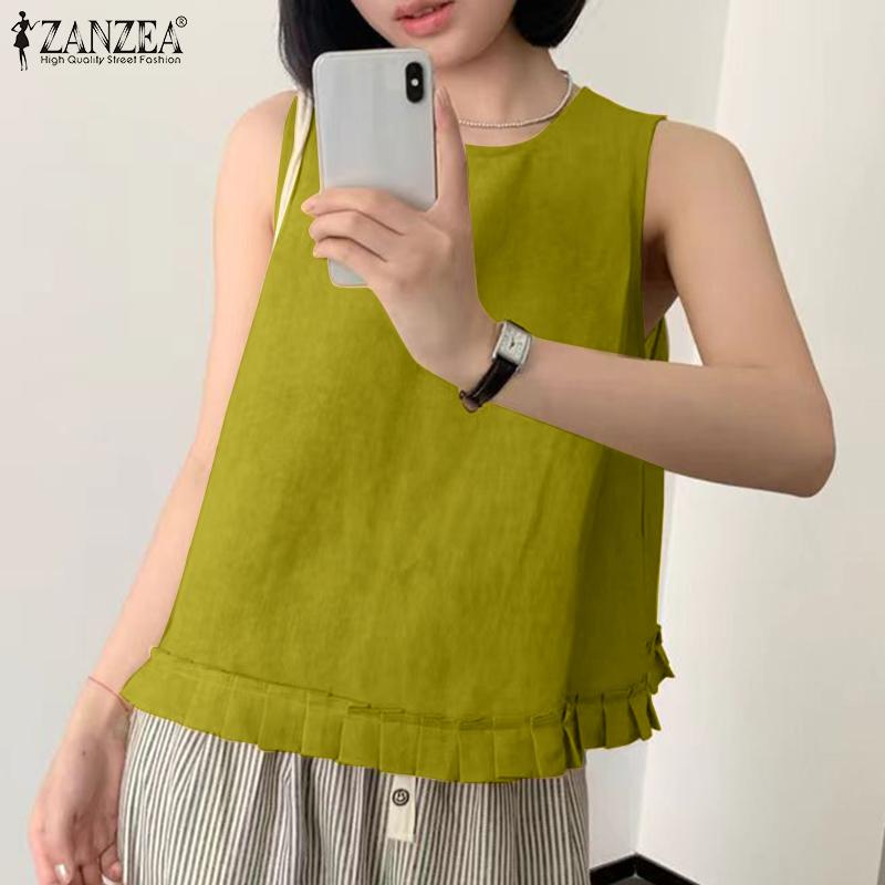 

ZANZEA Женские летние повседневные майки без рукавов с круглым вырезом и складками L жёлтый