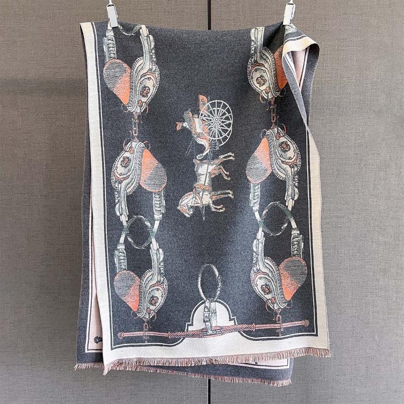 

Осенняя мода теплый шарф из искусственного кашемира женский универсальный двухцелевой утолщенный шарф жаккардовый узор с цепочками и каретами шаль 185*65cm