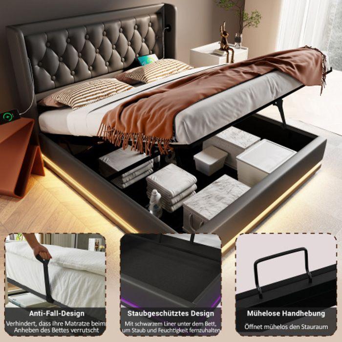 Lit Double - MUVOE - 180x200 Cm - PU Noir - Tête De Lit Capitonnée - USB Et LED