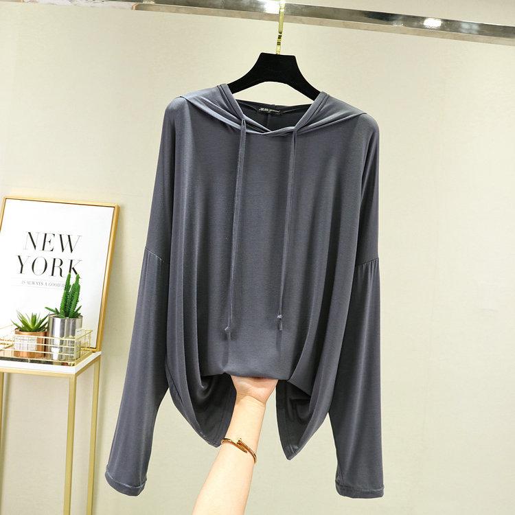 

Женская повседневная футболка с капюшоном из модала оверсайз с длинным рукавом - Приталенная, тонкая, весенний солнцезащитный топ Extra Large