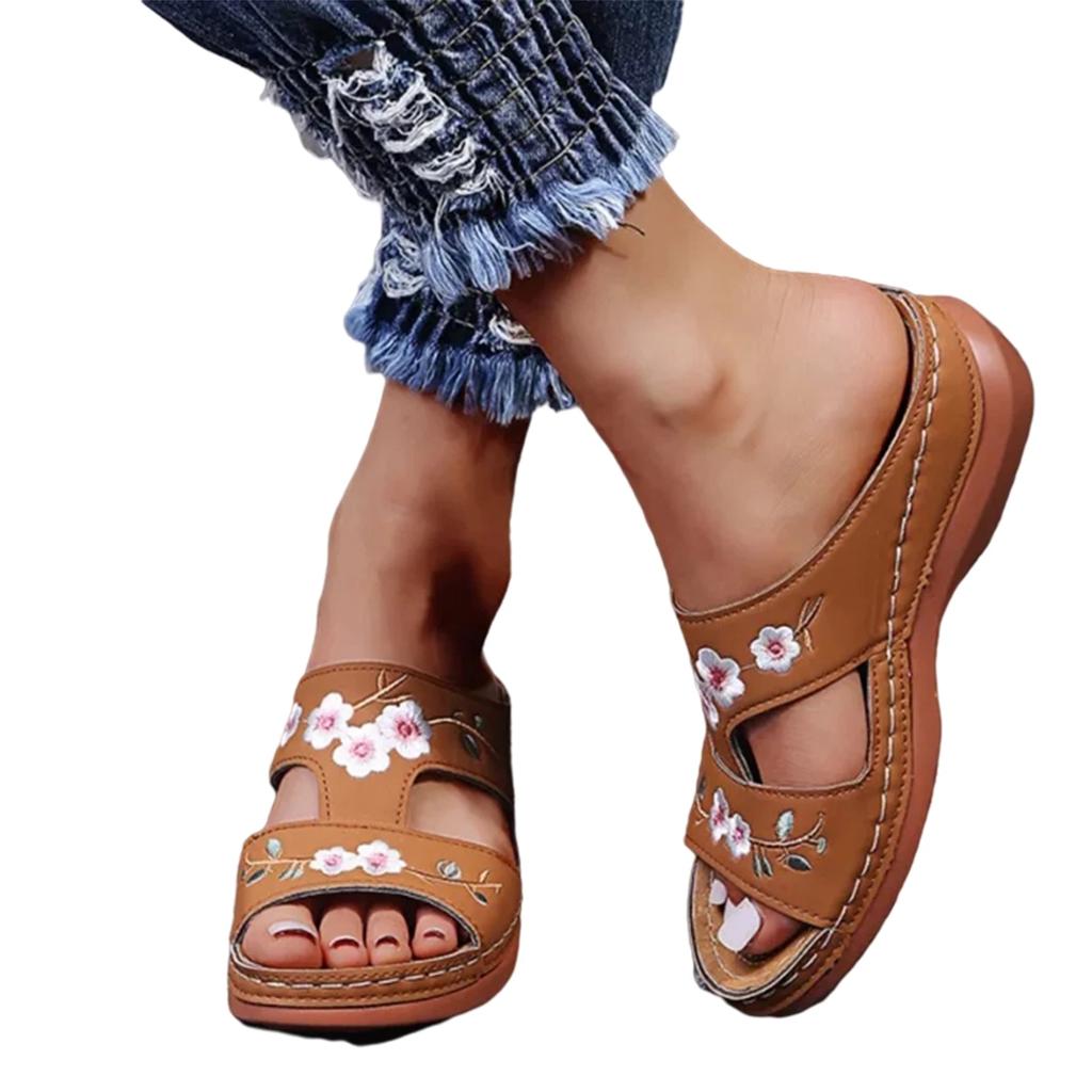 Women Embroidery Slide Sandals Vintage Embroidery Design PU Leather Slipper Gift for Christmas Birthday New Year