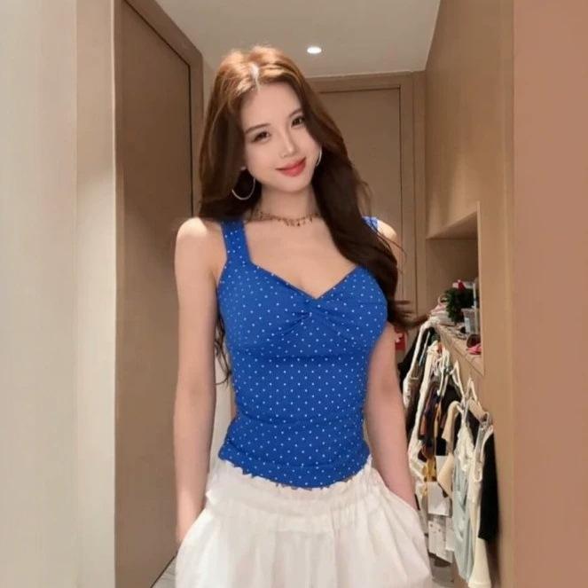 Spice Girl Orange Kink V-Neck Sleeveless Suspender Vest Women's Summer New Polka Dot Slim Skinny Super Good-Looking Top