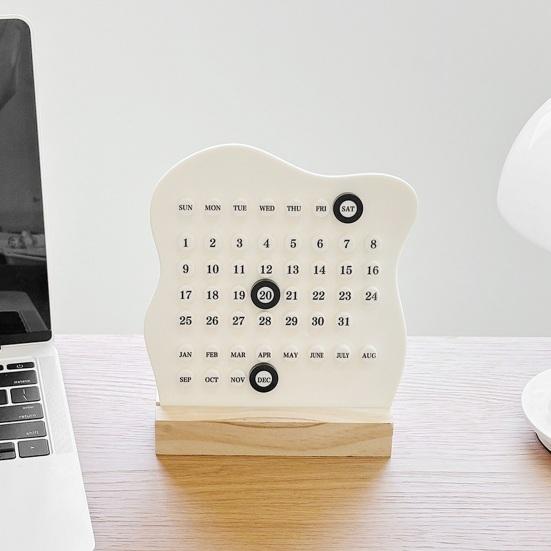 Student Study Desk Accessory Perpetual Block Calendar with Date Marker, Reusable Desktop Wood Base, DIY Ring A Daily Planner for Office Home
