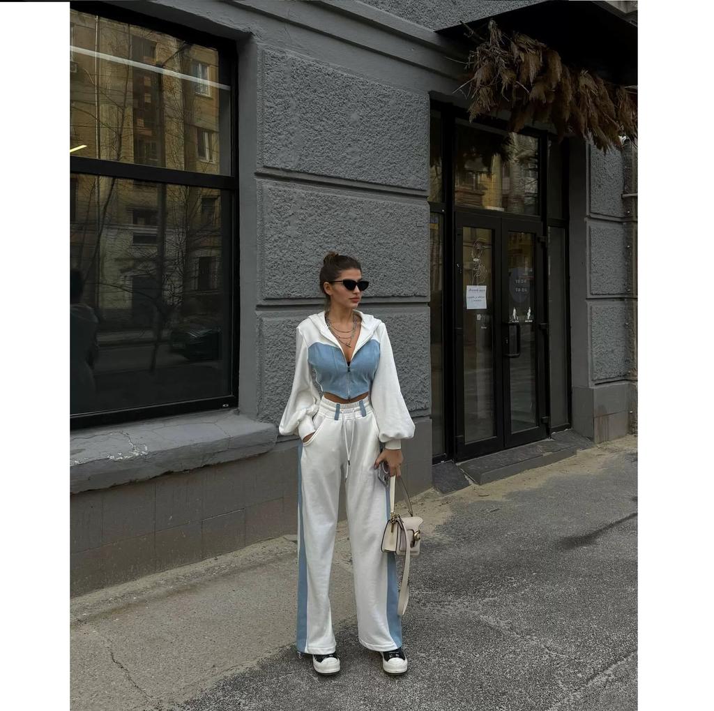 Women's Color Blocked Fashion Set Sexy Waist Hooded Cross Color Cardigan Sports Pants Two Piece