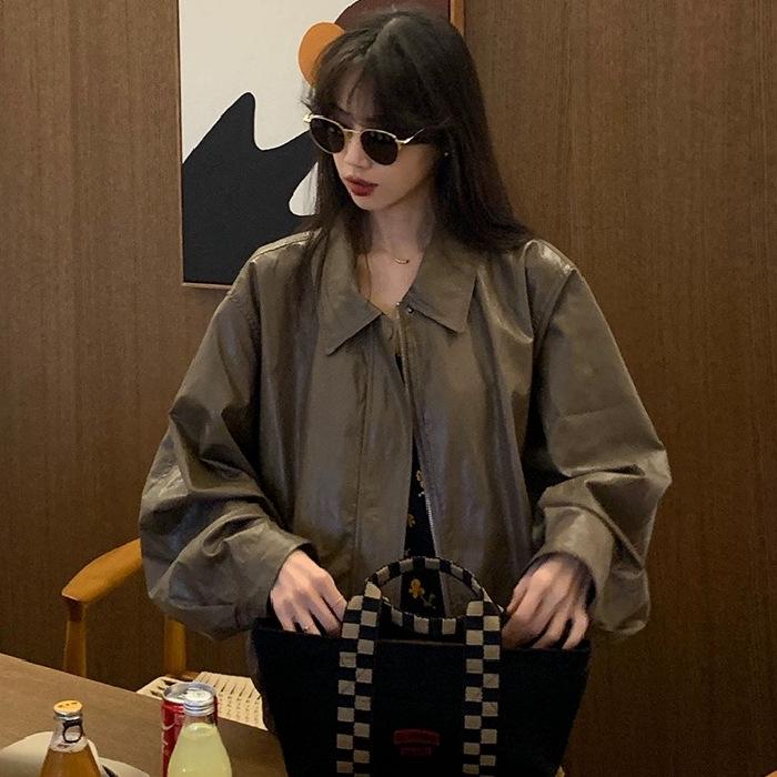 Women's Korean Style Retro Brown Faux Leather Pilot Jacket - Autumn High-End Versatile Outerwear.
