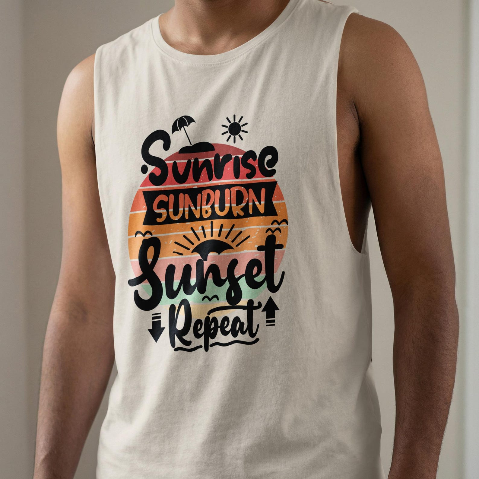 Sunrise Sunburn Sunset Repeat T-Shirt | Retro Beach Vacation Summer Tee S