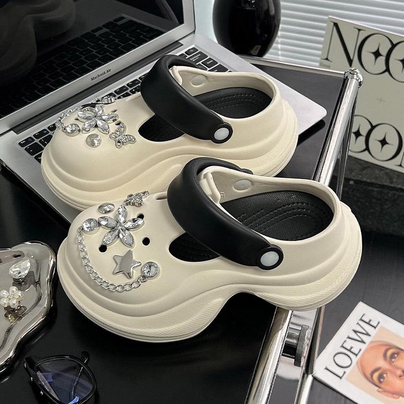 Baotou slippers versatile women's shoes spring and summer new rhinestone heightening non-slip new thick-soled hole shoes women