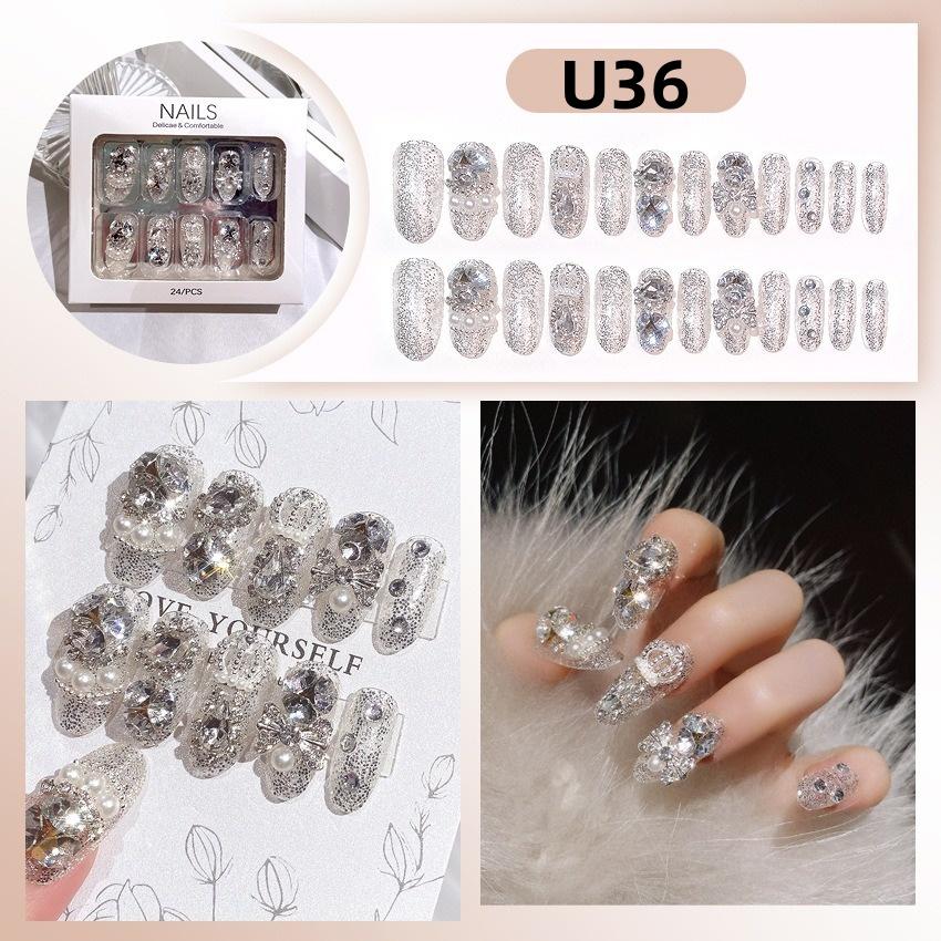 White Blue Color 3D Rabbit Star Rhinestone Designs-Full Cover Acrylic False Nails for Women and Girls Detachable Long Fake Nails