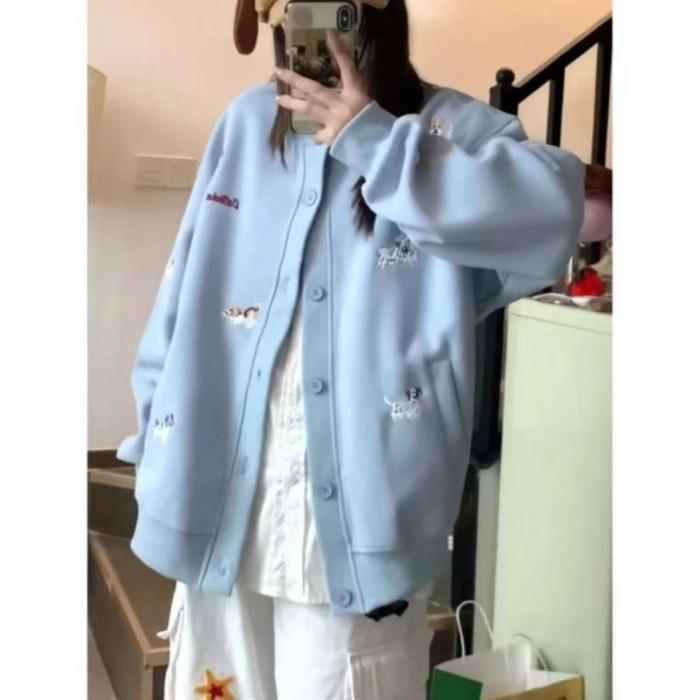 Cartoon Puppy Embroidered Stand Collar Unisex Cardigan Jacket - Autumn/Winter Style