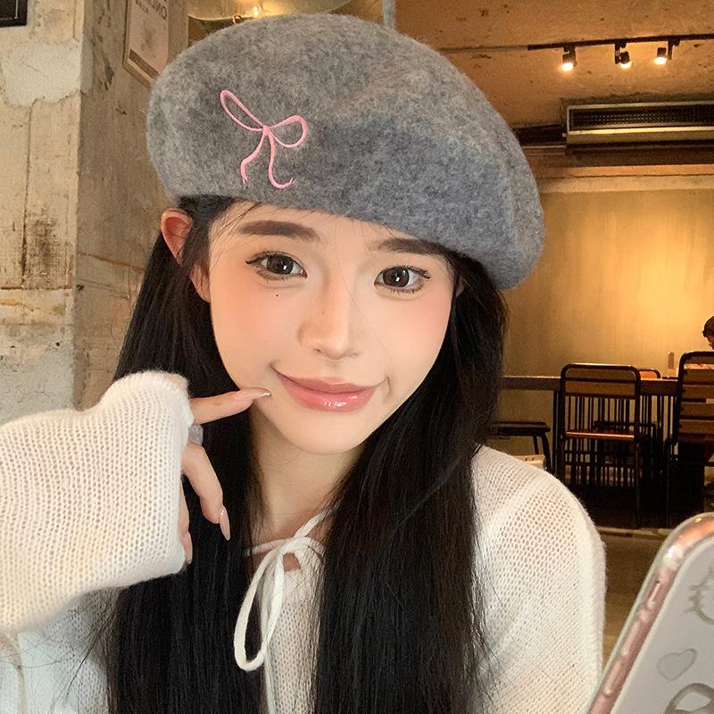 Chic Korean Inspired Bow Embroidery Wool Beret Hat For Women With Warmth Cozy