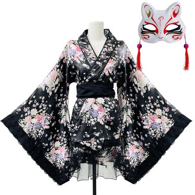 Socpuro Maid Oiran Cosplay Yukata für Sexy Japanisch Kurz mit Oiran Japanischem Muster Kimono Fuchs Kostüm mit Kabarett Schule Schwarzem Kimono,