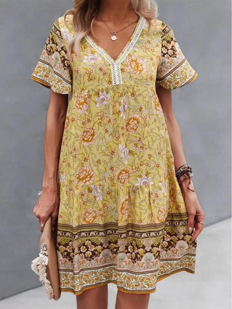 Summer French Retro V-neck Floral Dress - Beach Vacation Style for Women
