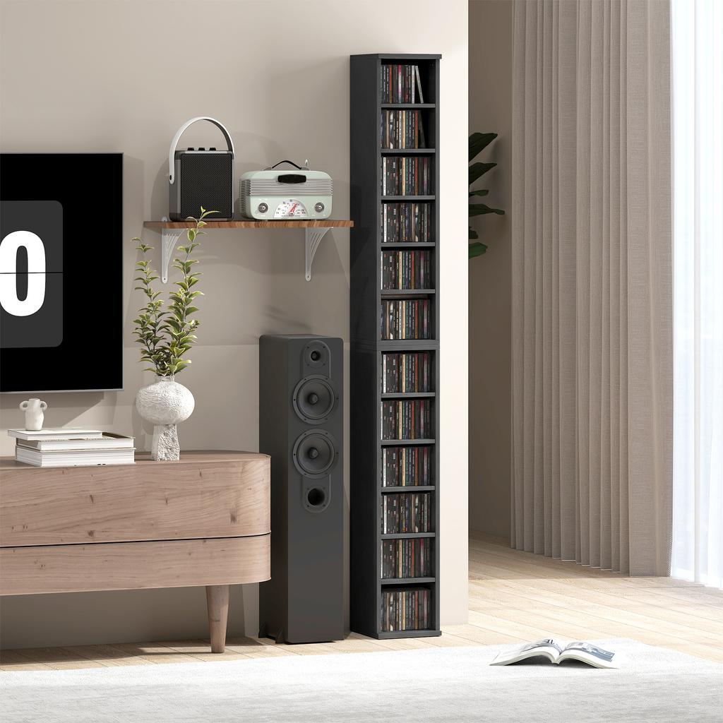Set di 2 Scaffalature Espositive per CD a Torre con Ripiani Regolabili, Nero