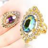 Women Rainbow Color Big Ellipse Glass Rhinestone Hollow Party Ring Gift Jewelry
