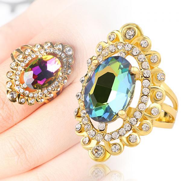 Women Rainbow Color Big Ellipse Glass Rhinestone Hollow Party Ring Gift Jewelry