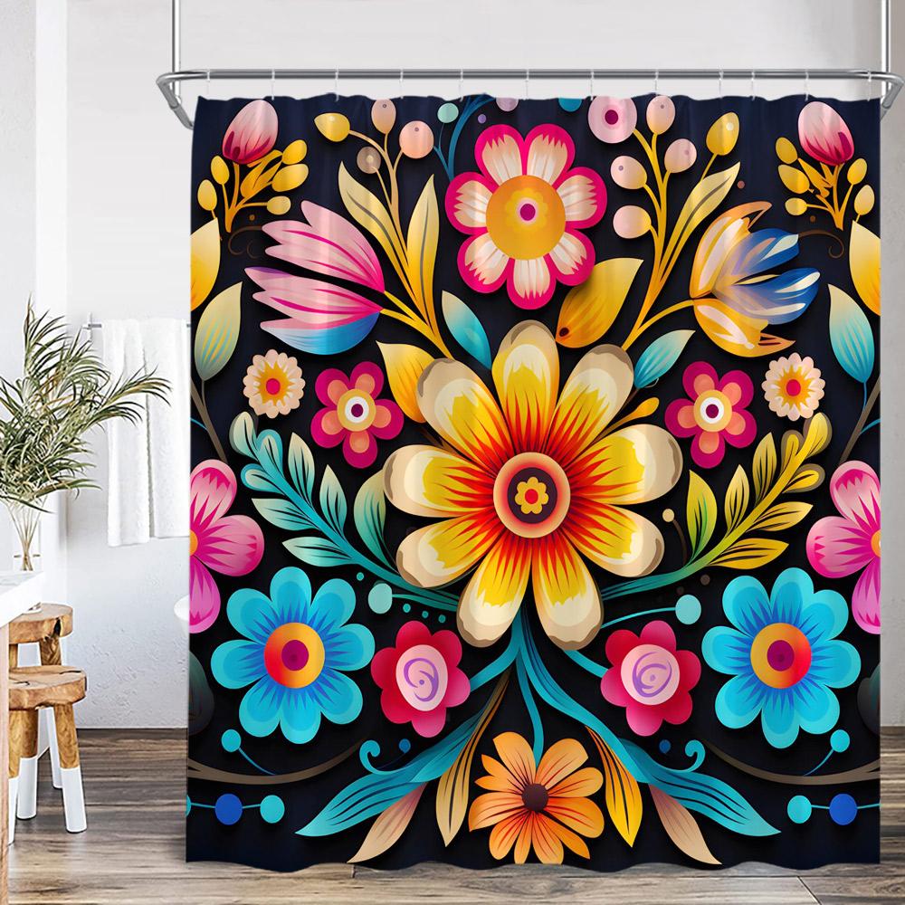 Boho Floral Vintage Shower Curtain Home Decor for Retro Bohemian Flower Herb Plant Bathroom Polyester Bath Curtain with Hook