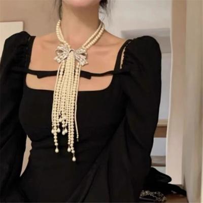 Tooxika Light Luxury Temperament Celebrity Style Bow Pearl Tassel Necklace Banquet Runway Dress Accessories For Women