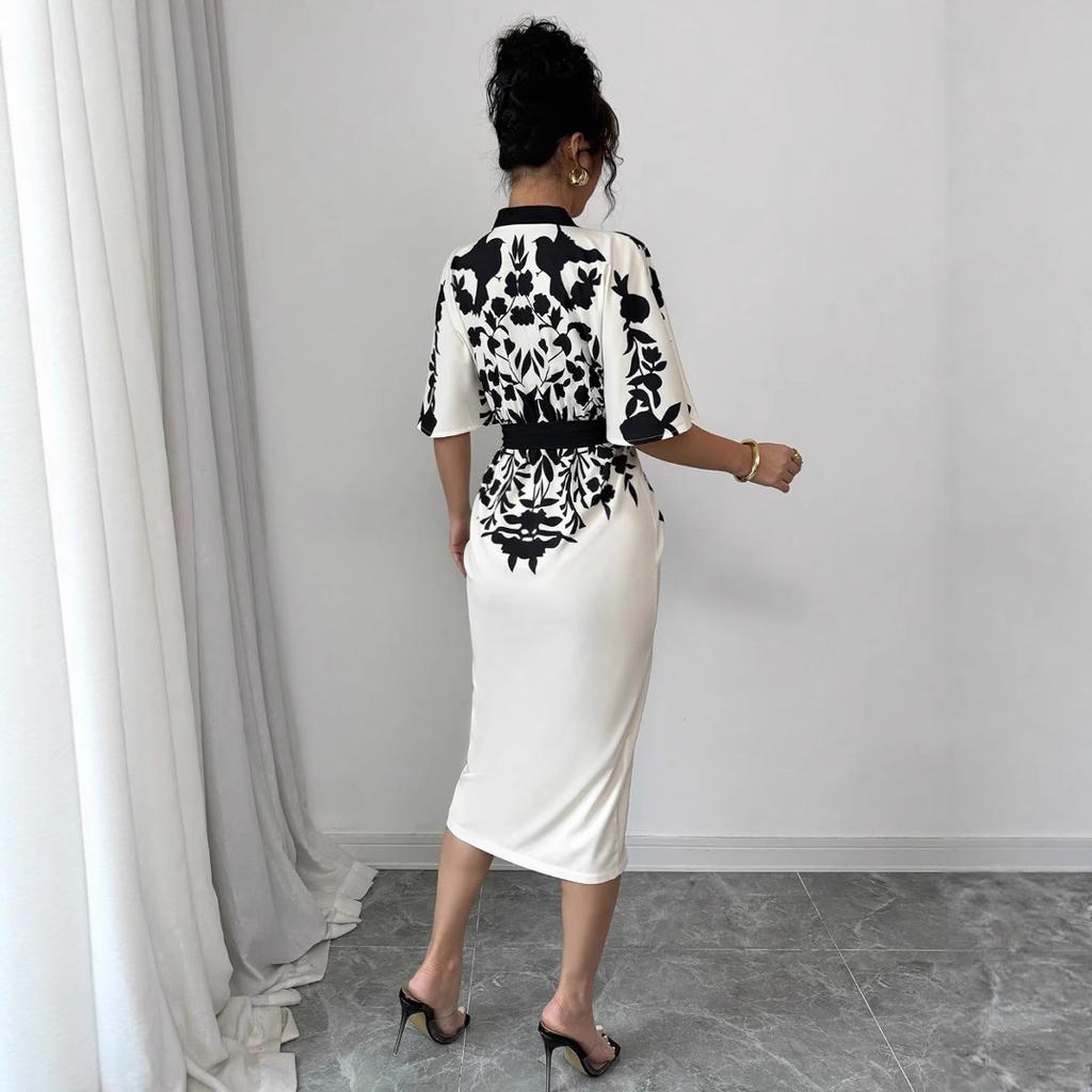 Women Elegant Floral Print Kimono Robe Midi Dress with Waist Tie