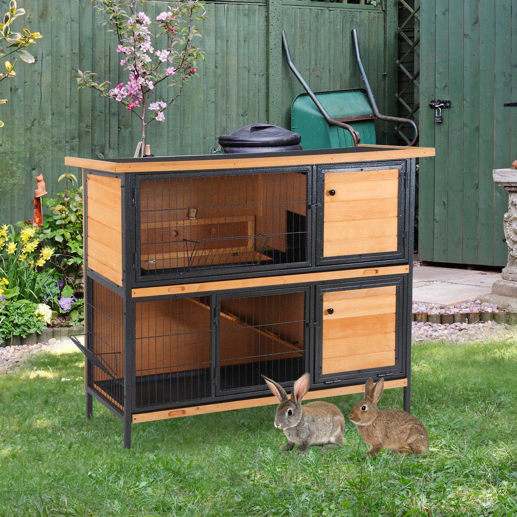 Outdoor Rabbit Hutch 2 Levels Asphalt Roof 4 Lockable Doors 122 x 50 x 101 cm Natural Wood Black